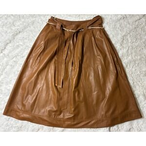 Lafayette 148 New York Brown Lambskin Leather Midi Skirt Shell Trim Size 4